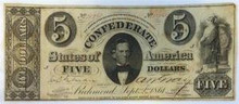 1861 5 DOLLAR THE CONFEDERATE STATES OF AMERICA RICHMOND VIRGINIA HAND SIGNED VF