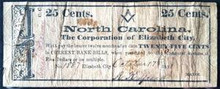 1861 25 CENT THE CORPORATION OF ELIZABETH CITY, NORTH CAROLINA HAND SIGNED FINE