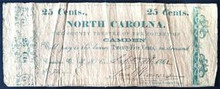 1862 25 CENT NORTH CAROLINA HAND SIGNED VERY FINE