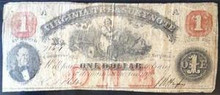 1862 RICHMOND VIRGINIA TREASURY NOTE 1 DOLLAR HAND SIGNED FINE