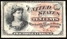 1863 AMERICAN BANK NOTE CO. N.Y. 10 CENT PICTORIAL OF LIBERTY FR 1258 UNC