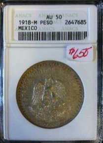 1918-M MEXICO PESO ANACS CERTIFIED AU 50 RARE ABOUT UNCIRCULATED
