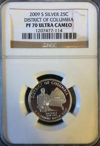 2009 S SILVER 25C DISTRICT OF COLUMBIA PF 70 ULTRA NGC ULTRA CAMEO