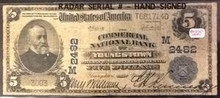 1920 $5 COMMERCIAL NATIONAL BANK OF YOUNGSTOWN OHIO HAND SIGNED CHARTER # 2482
