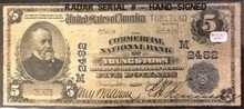 1920 $5 COMMERCIAL NATIONAL BANK OF YOUNGSTOWN OHIO HAND SIGNED CHARTER # 2482