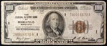 1929 $100 THE FEDERAL RESERVE BANK OF MINNEAPOLIS MINNESOTA VERY GOOD