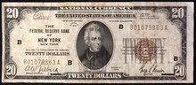 1929 $20 THE FEDERAL RESERVE BANK OF NEW YORK FINE