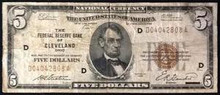 1929 $5 THE FEDERAL RESERVE BANK OF CLEVELAND OHIO VERY GOOD
