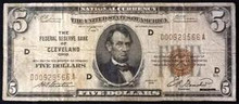 1929 $5 THE FEDERAL RESERVE BANK OF CLEVELAND OHIO FINE 330738308115