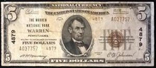 1929 TYPE 2 $5 THE WARREN NATIONAL BANK WARREN PENNSYLVANIA BLOCK 4879 VF