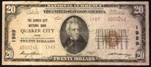 1929 TYPE 2 $20 THE QUAKER CITY NATIONAL BANK QUAKER CITY OHIO CHARTER 1989