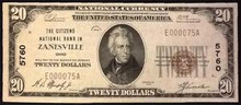 1929 TYPE 1 $20 THE CITIZENS NATIONAL BANK IN ZANESVILLE OHIO CHARTER 5760 EF