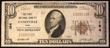 1929 TYPE 1 $10 THE FIRST NATIONAL BANK OF ZANESVILLE OHIO BLOCK 164 EF