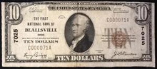 1929 TYPE 1 $10 THE FIRST NATIONAL BANK OF BEALLSVILLE OHIO BLOCK 7025 VF+