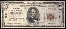 1929 $5 TYPE 2 THE NATIONAL BANK OF AMERICA AT PITTSBURGH PA. BLOCK 2261 FINE