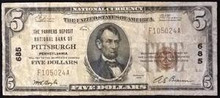 1929 $5 TYPE 1 THE FARMERS DEPOSIT NATIONAL BANK OF PITTSBURGH PA. CHARTER 685