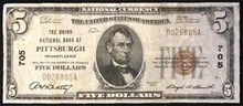 1929 $5 TYPE 1 THE UNION NATIONAL BANK OF PITTSBURGH PENNSYLVANIA BLOCK 705 VF