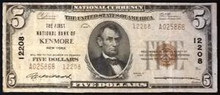 1929 $5 TYPE 2 THE FIRST NATIONAL BANK OF KENMORE NEW YORK BLOCK 12208 VF
