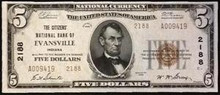 1929 $5 TYPE 2 THE CITIZENS' NATIONAL BANK OF EVANSVILLE INDIANA 2188 BLOCK UNC