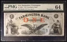 1860's THE FARMINGTON BANK NEW HAMPSHIRE, FARMINGTON 1 DOLLAR CHOICE UNC 64