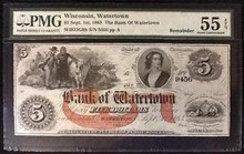 SEPT. 1st. 1863 THE BANK OF WATERTOWN WISCONSIN, WATERTOWN 5 DOLLARS AU 55