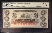1860's THE SALMON FALLS BANK NEW HAMPSHIRE, ROLLINSFORD 3 DOLLARS GEM UNC 66
