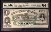 1860's BANK OF NEW-ENGLAND CONNECTICUT, EAST HADDAM 1 DOLLAR CHOICE UNC 64