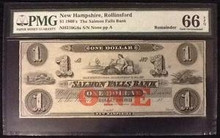 1860's THE SALMON FALLS BANK HEW HAMPSHIRE, ROLLINSFORD 1 DOLLAR GEM UNC 66