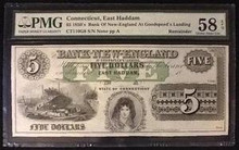 1850's BANK OF NEW-ENGLAND CONNECTICUT, EAST HADDAM 5 DOLLAR AU 58