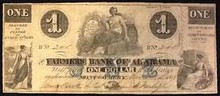 1862 THE FARMERS BANK OF ALABAMA 1 DOLLAR PICTORIAL OF MAIDEN SITTING HAND SIGN