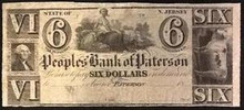 1800's PEOPLES BANK OF PATERSON STATE OF NEW JERSEY 6 DOLLARS AU