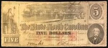 1863 THE STATE OF NORTH CAROLINA 5 DOLLARS PICTORIAL OF BOATS HAND SIGNED EF