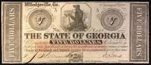 1862 THE STATE OF GEORGIA MILLEDGEVILLE 5 DOLLARS HAND SIGNED UNC