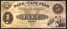 1854 BANK OF CAPE FEAR NORTH CAROLINA WILMINGTON 5 DOLLARS HAND SIGNED VF+
