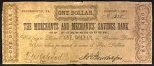 1861 THE MERCHANTS AND MECHANICS' SAVINGS BANK PORTSMOUTH VA. 1 DOLLAR HAND SIGN