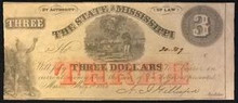 1864 THE STATE OF MISSISSIPPI 3 DOLLARS PICTORIAL OF HUNTING INDIAN HAND SIGNED