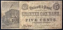 1862 CHARTER OAK BANK 5 CENTS PICTORIAL OF TALCOTT AND POST HAND SIGNED FINE