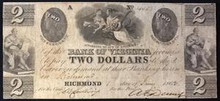 1862 BANK OF VIRGINIA TWO DOLLARS PICTORIAL OF WOMEN CARRYING TOLLS AND FRUIT VF