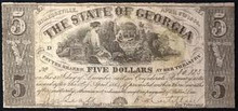1864 THE STATE OF GEORGIA MILLEDGEVILLE 5 DOLLARS HAND SIGNED FINE