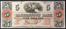 1800's THE HAGERSTOWN BANK 5 DOLLARS WOMEN WITH FRUIT AND TOOLS PICTORIAL UNC