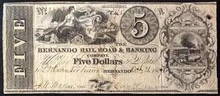 1839 HERNANDO RAIL. ROAD & BANKING COMPANY MISSISSIPPI 5 DOLLARS TRAIN PICTORIAL