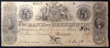 1845 THE BANK OF BENNINGTON VERMONT 5 DOLLAR PICTORIAL OF PRESIDENTS FINE