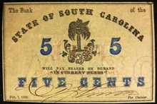 1863 STATE OF SOUTH CAROLINA 5 CENTS HAND SIGNED PALM TREE PICTORIAL EF