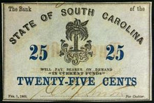 1863 STATE OF SOUTH CAROLINA 25 CENTS HAND SIGNED PALM TREE PICTORIAL UNC