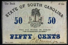 1863 STATE OF SOUTH CAROLINA 50 CENTS HAND SIGNED PALM TREE PICTORIAL UNC