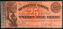 1862 THE HYDEVILLE COMPANY HYDEVILLE VT. 25 CENTS MAN SITTING PICTORIAL UNC