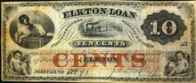 1863 10 CENTS ELKTON LOAN NOTE TRAIN DOG CHERUB PICTORIAL XF LOW SERIAL NUM 93