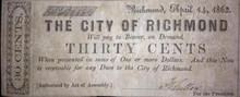 THE CITY OF RICHMOND THIRTY CENTS 1862 OBSOLETE CURRENCY CIVIL WAR VF+ EF SIGNED