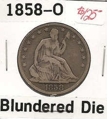 1858-O Seated Half Dollar F Fine Blundered Die ERROR