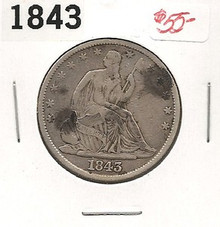 1843 Seated Half Dollar F Fine Some Spots, strong date